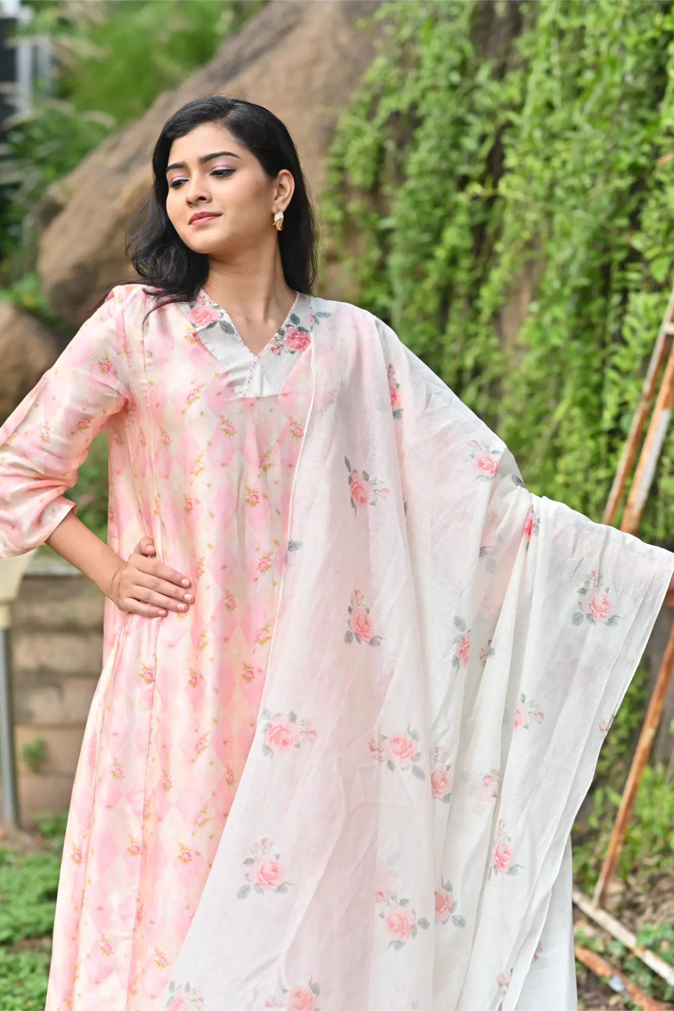 Blush Bloom Silk Phiran Set with Dupatta