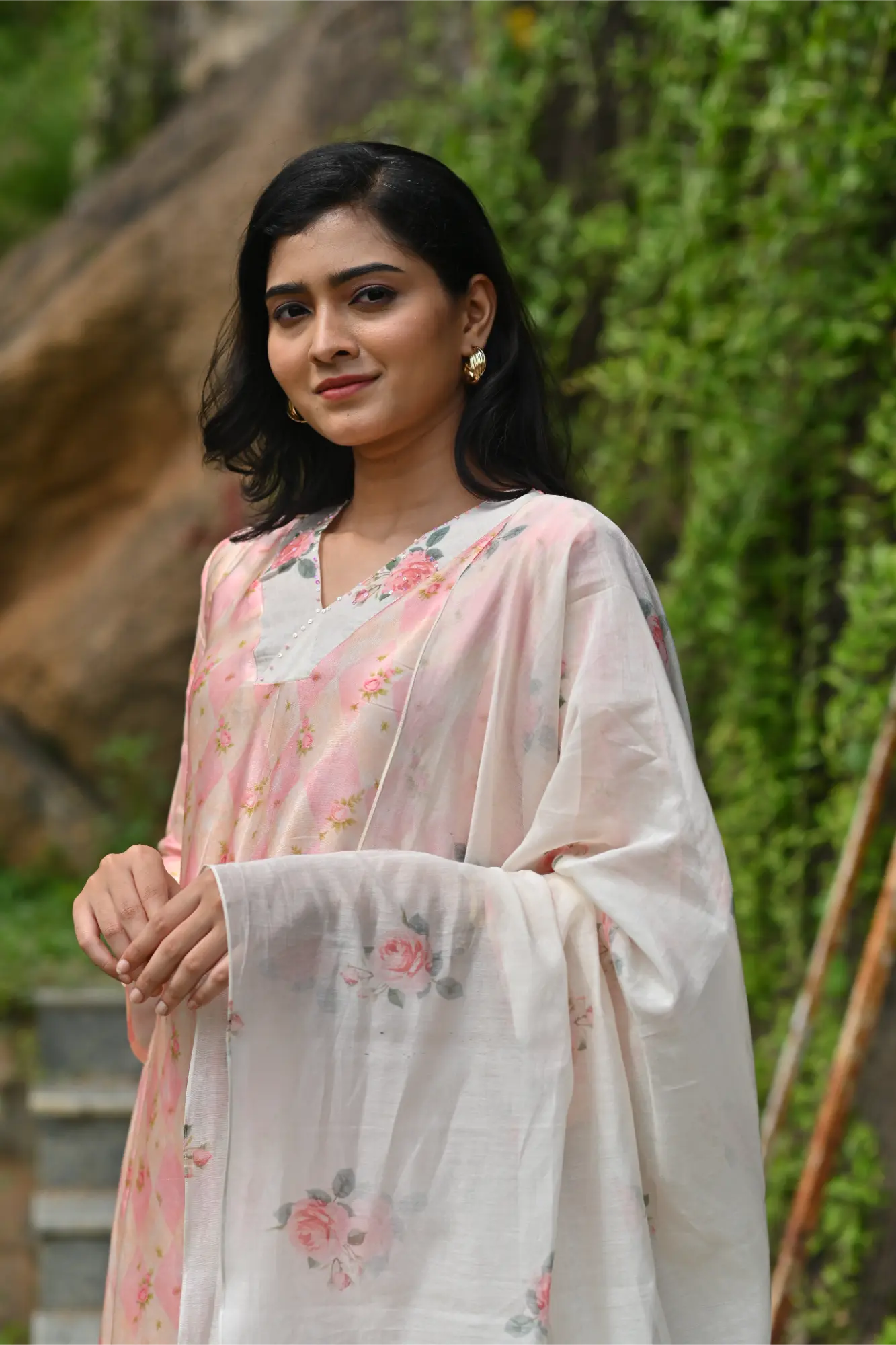 Blush Bloom Silk Phiran Set with Dupatta