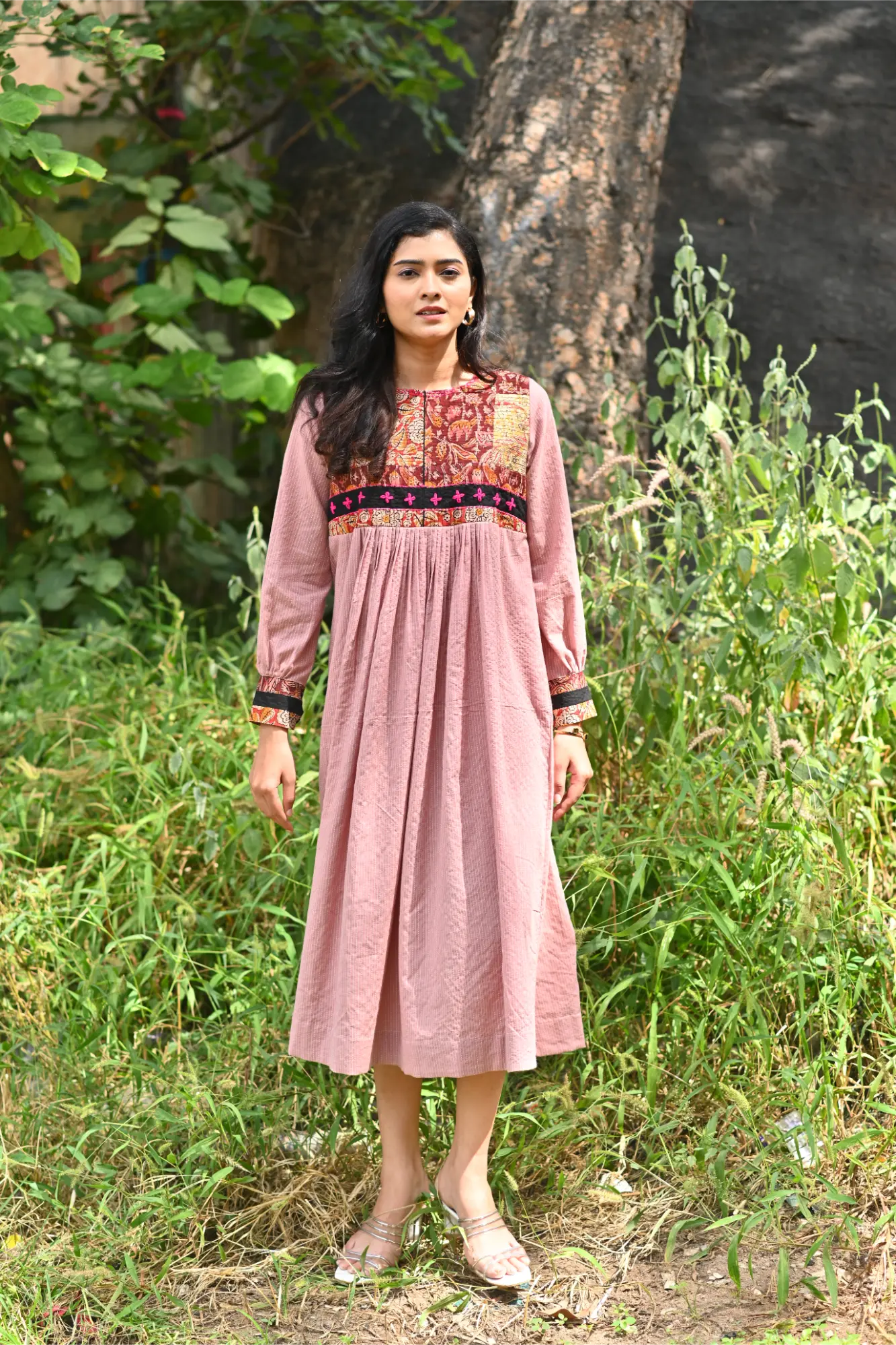 Plum Aura Cotton Dress with Kalamkari Patchwork