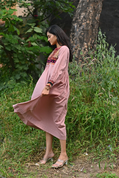 Plum Aura Cotton Dress with Kalamkari Patchwork