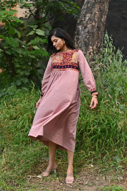 Plum Aura Cotton Dress with Kalamkari Patchwork