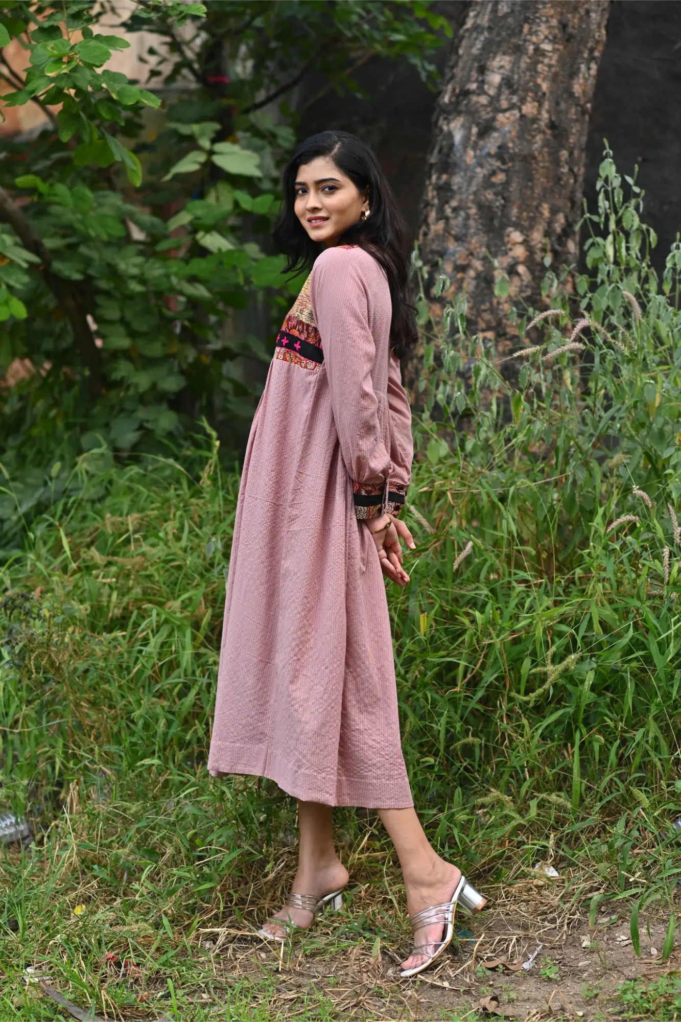 Plum Aura Cotton Dress with Kalamkari Patchwork