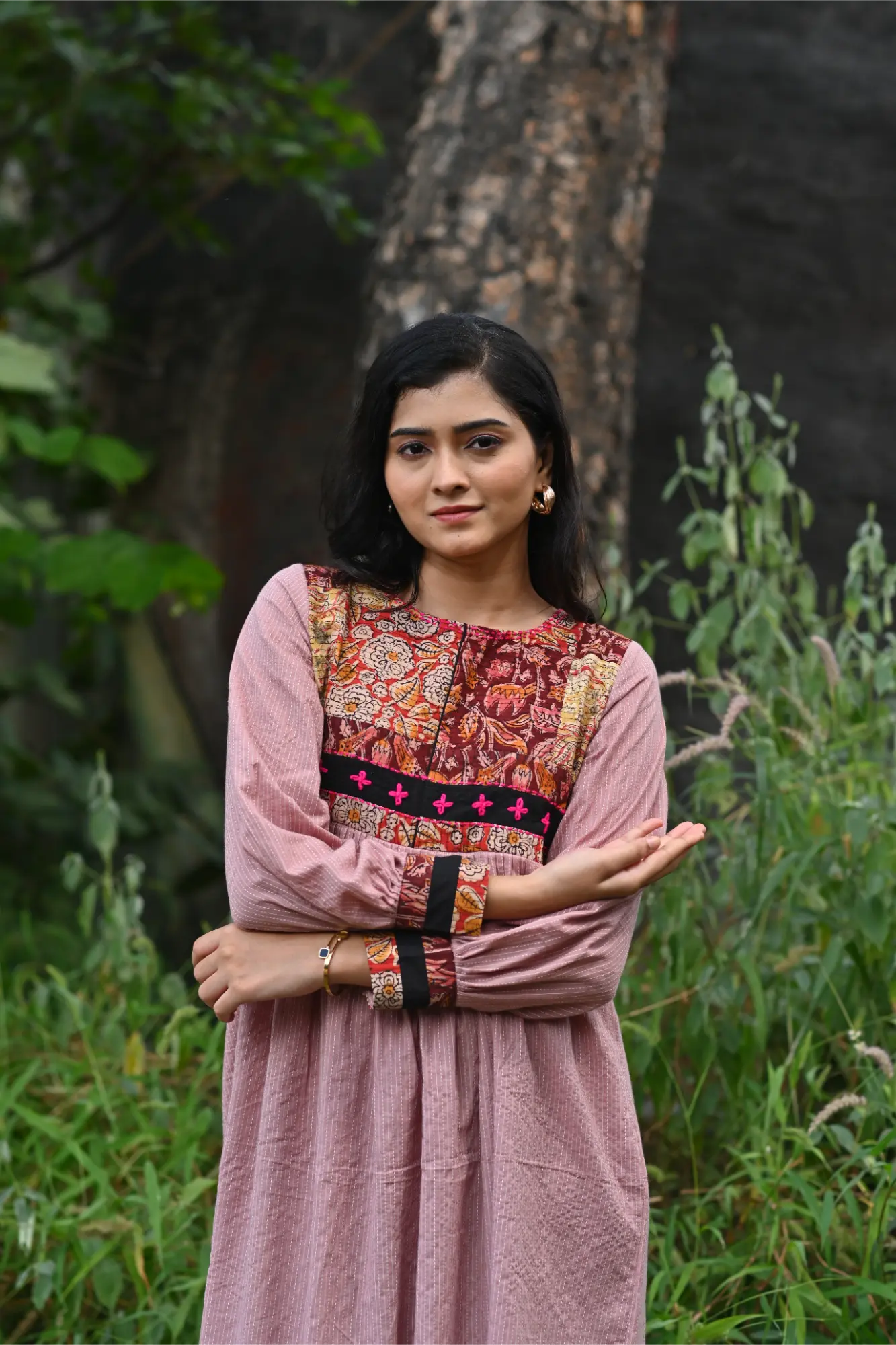 Plum Aura Cotton Dress with Kalamkari Patchwork