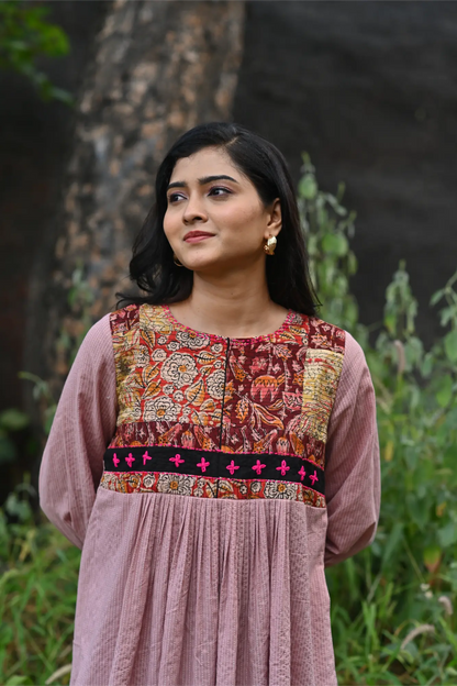 Plum Aura Cotton Dress with Kalamkari Patchwork