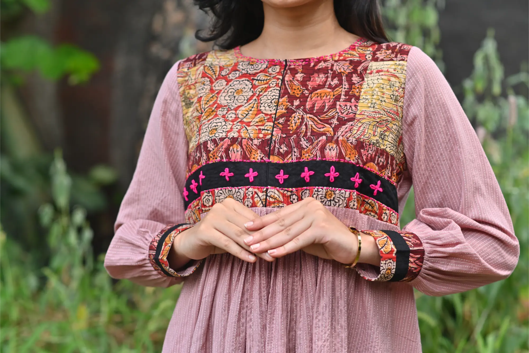 Plum Aura Cotton Dress with Kalamkari Patchwork