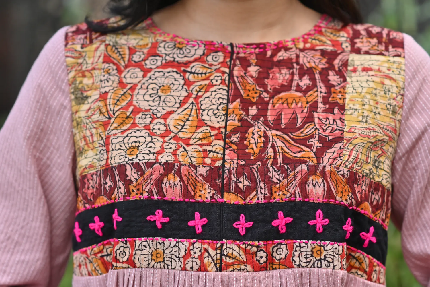 Plum Aura Cotton Dress with Kalamkari Patchwork