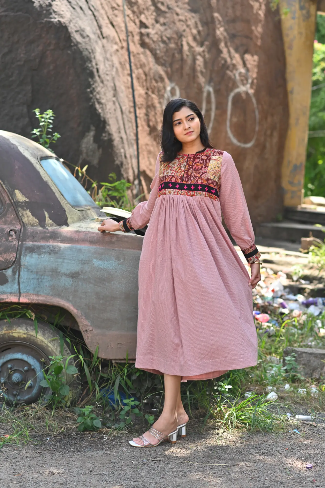 Plum Aura Cotton Dress with Kalamkari Patchwork