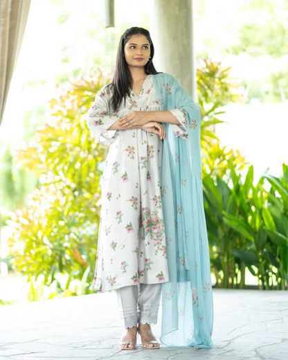 Smoke And Porcelain Kurta Set With Dupatta
